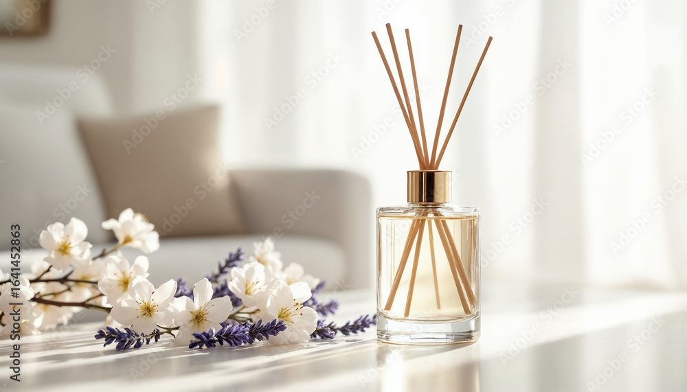 Fototapeta premium Close-up of a minimalist reed diffuser with decorative flowers in a bright, airy living room. 