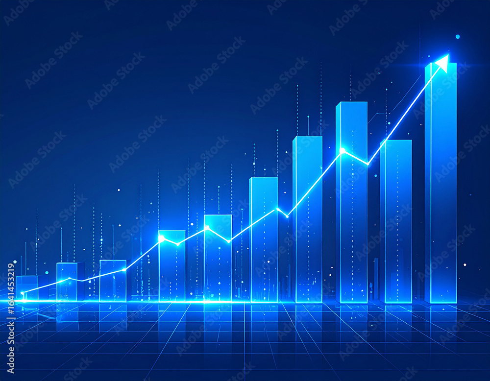 Fototapeta premium Ascending blue graph with glowing arrow, reflecting on a grid surface