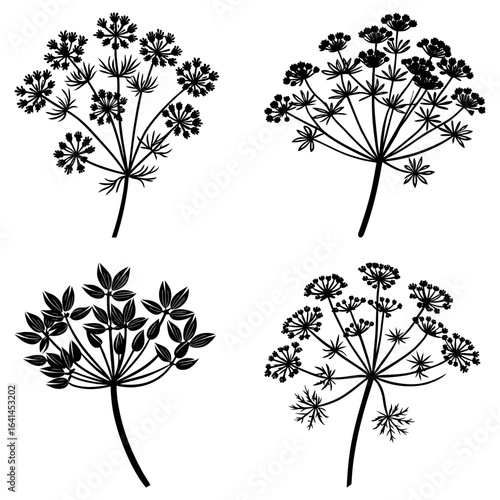 Four floral arrangements with unique flower and leaf shapes in a monochrome black and white illustration