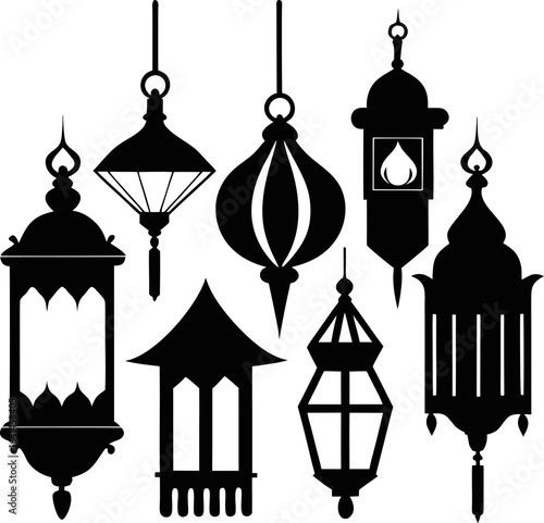 Silhouette Lanterns: An artful silhouette of traditional lanterns in varying shapes, evoking a sense of cultural richness and atmospheric elegance.