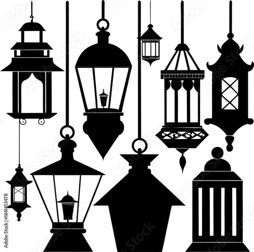 Intricate Lantern Silhouettes: An array of diverse, dark-toned lanterns hang, each showcasing a unique design with intricate shapes and elegant details.