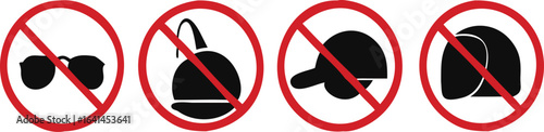 Bundle set of prohibition sign of do not bring gun firearm weapon, hat, cap, helmet wear prohibited for indoor security sign, ATM, Bank, Store
