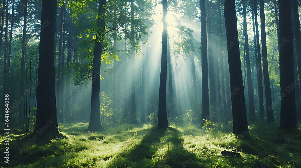 Obraz premium Sunlight beams through mist in forest, floating dust particles, soft focus on t