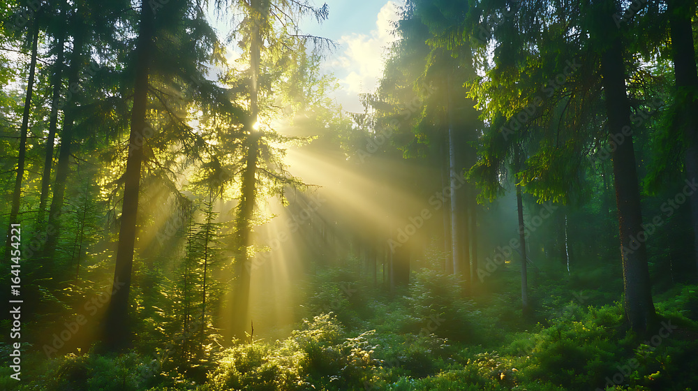 Fototapeta premium Sunlight beams through mist in forest, floating dust particles, soft focus on t