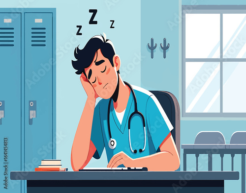 A vector illustration depicting an exhausted male doctor sleeping at his desk. A concept for medical professional burnout and fatigue.