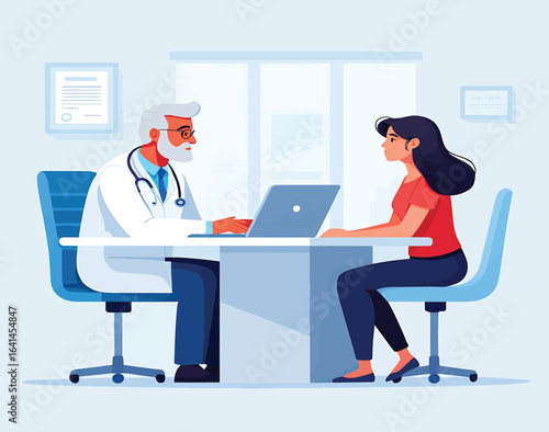 A senior doctor in a clinic consulting with a female patient. Professional medical advice and healthcare concept vector illustration.