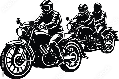 Illustration of a group of motorcyclists riding in formation isolated on white background, representing freedom and adventure on the road