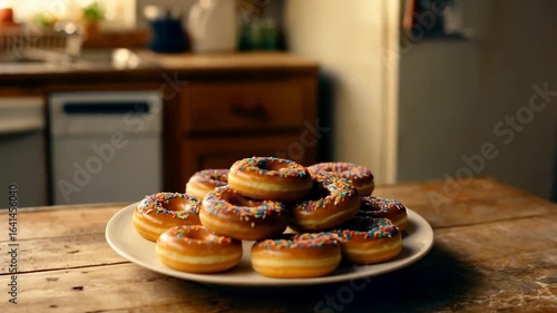 A plate of delicious donuts sits on a rustic kitchen table, bathed in warm, inviting light. A perfect image for food blogs or cooking websites.