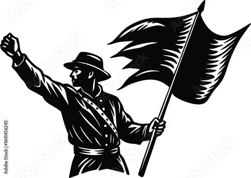 Vector art of vintage illustration of a protestor with a flag isolated on white background, symbolizing resistance, freedom, and the spirit of rebellion
