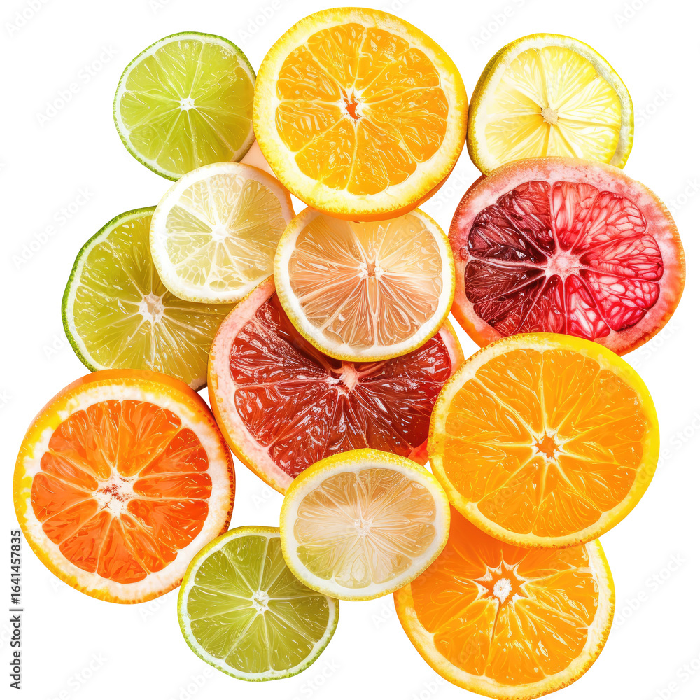Citrus fruit slices, overhead view, vibrant colors, black background, food blog Citrus fruit slices, overhead view, vibrant colors, black background, food blog