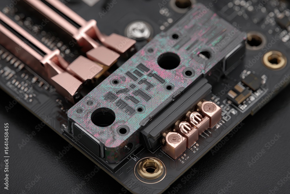 Obraz premium Macro view of a sophisticated electronic circuit board with intricate details.