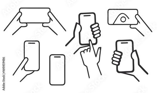 Bundle set of outline illustrations various hand positions holding a mobile phone for gaming, taking pictures, one and two-handed use
