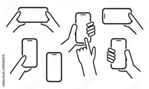 Bundle set of outline illustrations various hand positions holding a mobile phone for gaming, taking pictures, one and two-handed use
