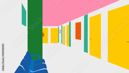 Stylized Geometric Corridor Illustration with Vibrant Color Doors. The style is geometric and simplified, creating a clean and contemporary aesthetic.