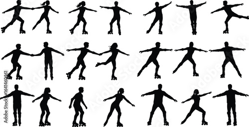 roller skating silhouette set, couple skating poses, inline skate vector, sports activity icons, fitness skating design, black silhouettes, active lifestyle illustration