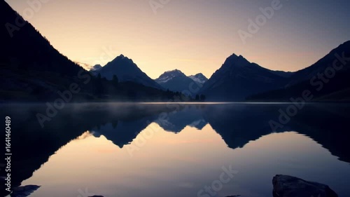 Wallpaper Mural Serene Mountain Lake at Dawn: Misty Waters Reflecting Majestic Peaks and Rocky Shoreline Torontodigital.ca