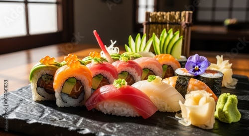 Sushi assortment with tuna, salmon, avocado, and other tasty bites