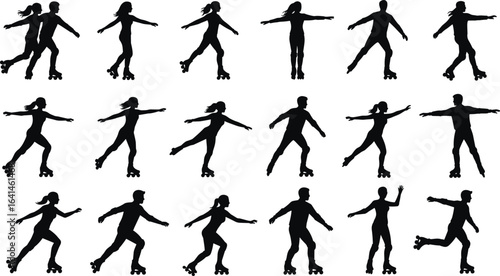 roller skating silhouettes, inline skating poses, couple skating vector, fitness activity illustration, sports lifestyle design, active people artwork, silhouette roller skaters, black vector icons