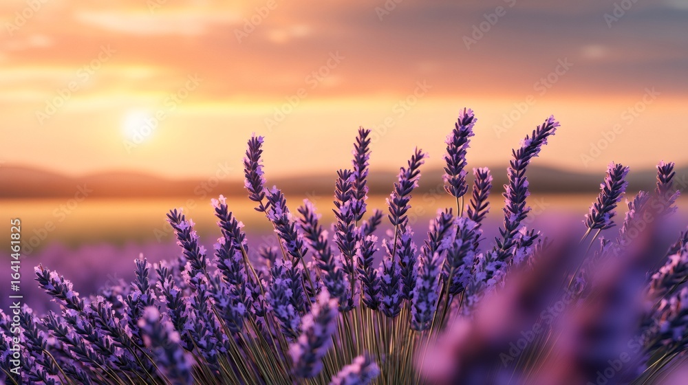 Naklejka premium Lavender field bathing in golden sunset light