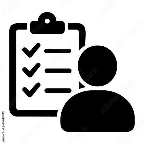 Silhouette vector person standing next to a clipboard with checkmarks and lines in black color