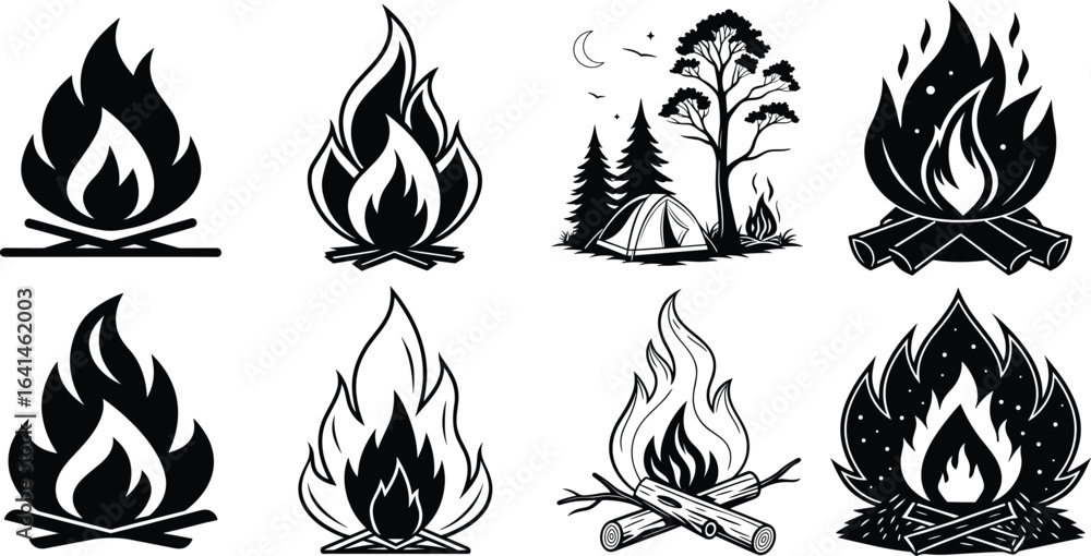 Fototapeta premium Camping Campfire Vector Icons and Outdoor Adventure Set. Black and White Campfire Illustrations for Wilderness Designs.