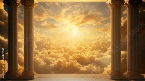 View of heaven from Olympus with golden clouds at sunrise. Divinity, hope, eternity. Epic, spiritual, majestic background. Ideal for memorials, religion, motivation, fantasy concepts.