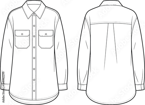 cad drawing flat vector illustration, long sleeve shirt front back view, technical fashion sketch, garment template, apparel design