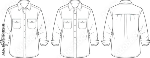 Long sleeve shirt technical drawing, front and back view, button-up design, chest pockets, rolled sleeves, fashion flat sketch template
