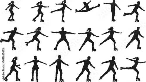 roller skating silhouettes, inline skating poses, sports activity illustration, active lifestyle vector, fitness exercise design, black silhouette icons, skating people art, motion sport graphics