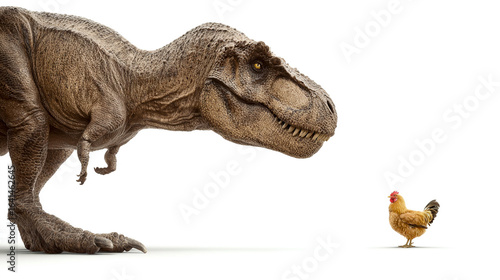 A T-Rex facing a chicken, against a white background