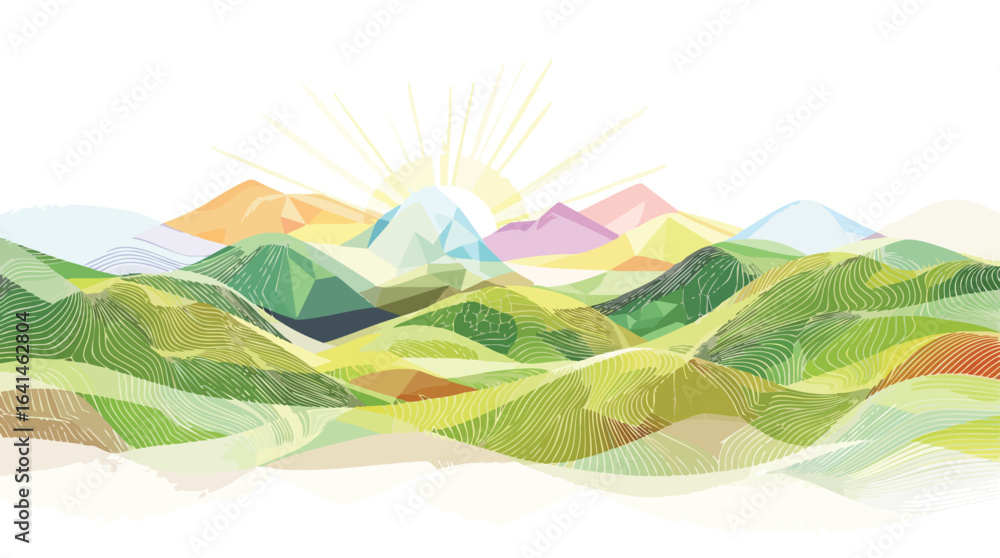 Obraz premium Abstract Stylized Mountain Range with Wavy Green Hills and Sunrise landscape nature.