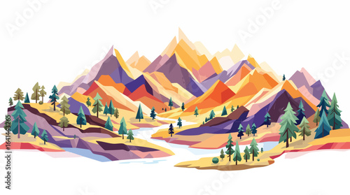 Colorful Geometric Mountain Landscape with River and Pine Trees on White Background abstract.