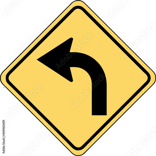 Vector illustration of a yellow, diamond-shaped road sign indicating a dangerous left turn, with no background.