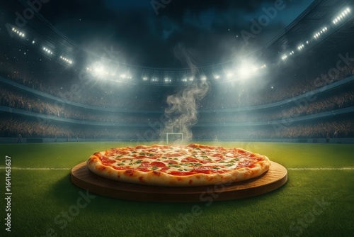 Hot Pepperoni Pizza on Soccer Field with Stadium Lights and Crowd