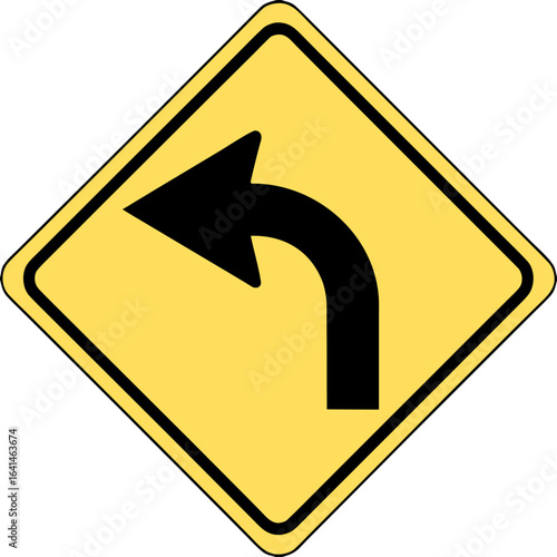 No-background yellow diamond road sign showing a warning for a dangerous left turn bend.