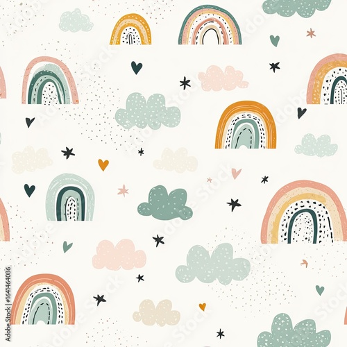 Whimsical rainbow and cloud pattern on white background.  Small hearts, stars, and dots scattered throughout