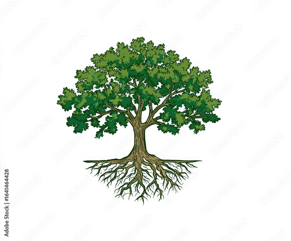 Obraz premium A stylized illustration of a large tree with its roots. Lush green foliage crowns a robust trunk, extending into a complex network of roots beneath