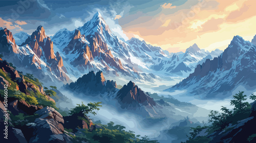Majestic snow-capped mountains with misty valleys and sunrise peaks landscape.
