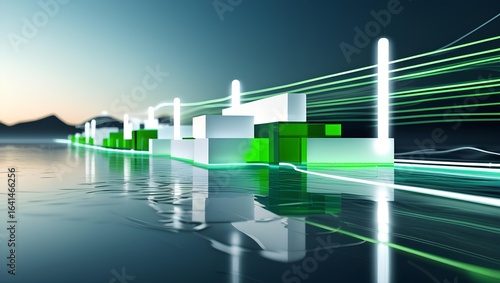 Futuristic Abstract Landscape with Translucent 3D Rectangular Blocks and Neon Lights