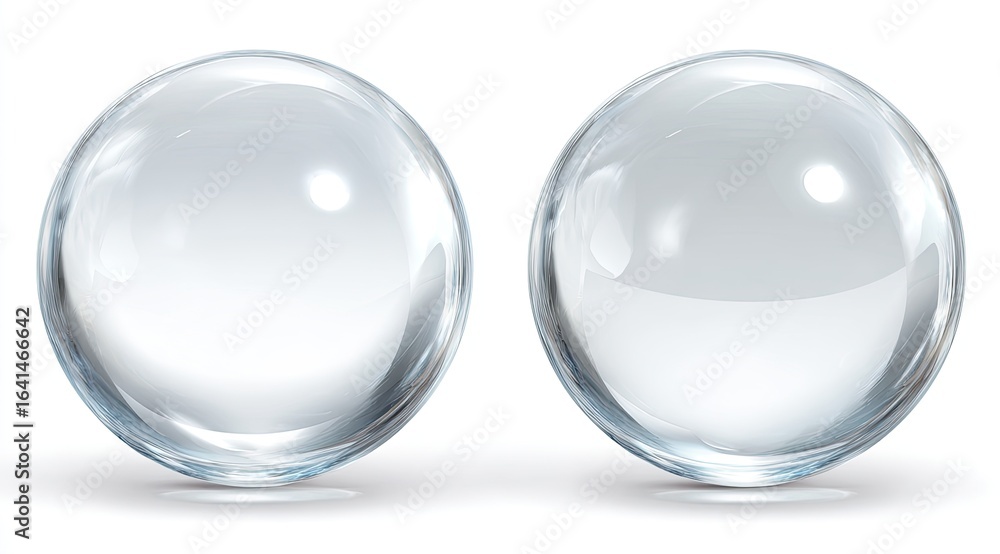 Fototapeta premium Two clear, smooth spheres, slightly frosted, on a white background