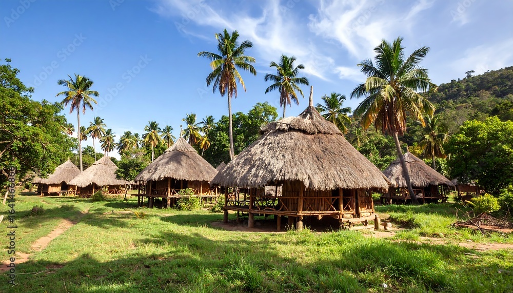 Traditional thatched huts in a tropical setting Traditional thatched huts in a tropical setting