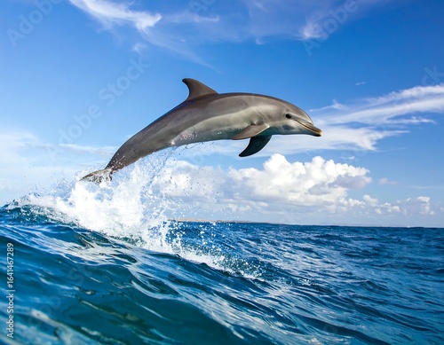 A captivating view of a dolphin breaching out of the pristine ocean waters
