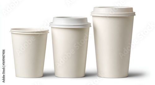 Wallpaper Mural Three disposable coffee cups of varying sizes,  lined up against a white background.  Each cup is a light beige color, and has a white lid Torontodigital.ca