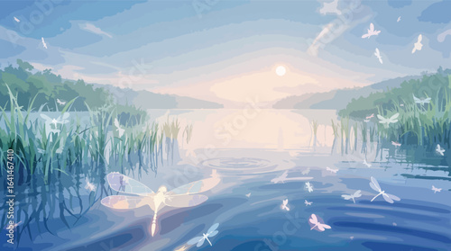 Tranquil lake at dawn with dragonflies and ethereal light water sunrise.