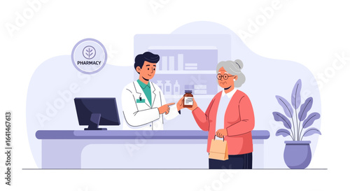 Pharmacist providing medication and advice to a senior woman in a modern drugstore. Professional healthcare service concept.