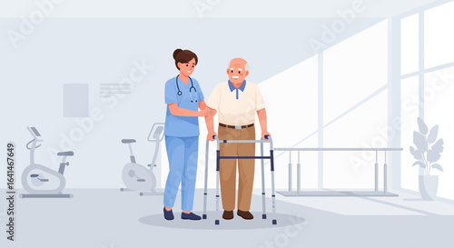Caring nurse helping a senior man with a walker during rehabilitation therapy in a modern clinic.