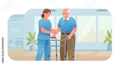 Caring nurse assisting an elderly man with a walker. Senior citizen receiving support and physical therapy in a healthcare clinic.
