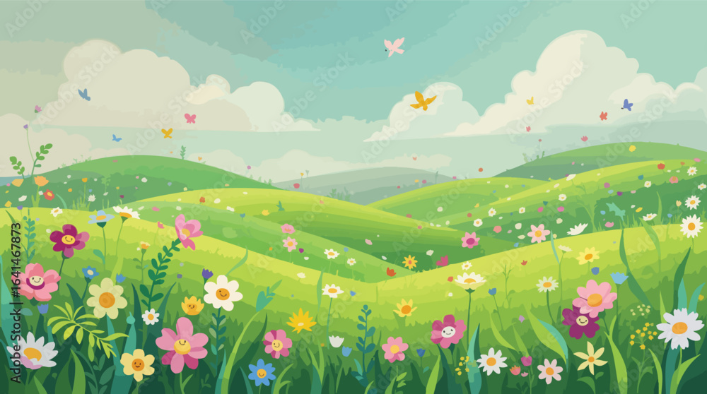 Obraz premium Whimsical Spring Meadow with Smiling Flowers and Butterflies nature landscape.