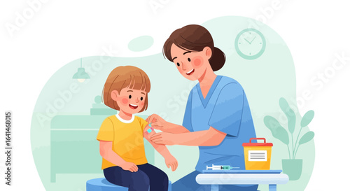 A friendly nurse giving a vaccination to a young child in a medical setting.