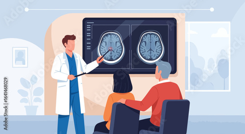 Doctor explaining brain scan results to a senior couple in an office, pointing to the image on a large screen.